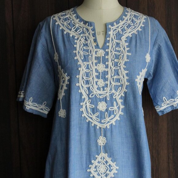 Vintage 1970s Caftan Dress, Blue Maxi Dress with White Embroidery, Traditional - Picture 3 of 10